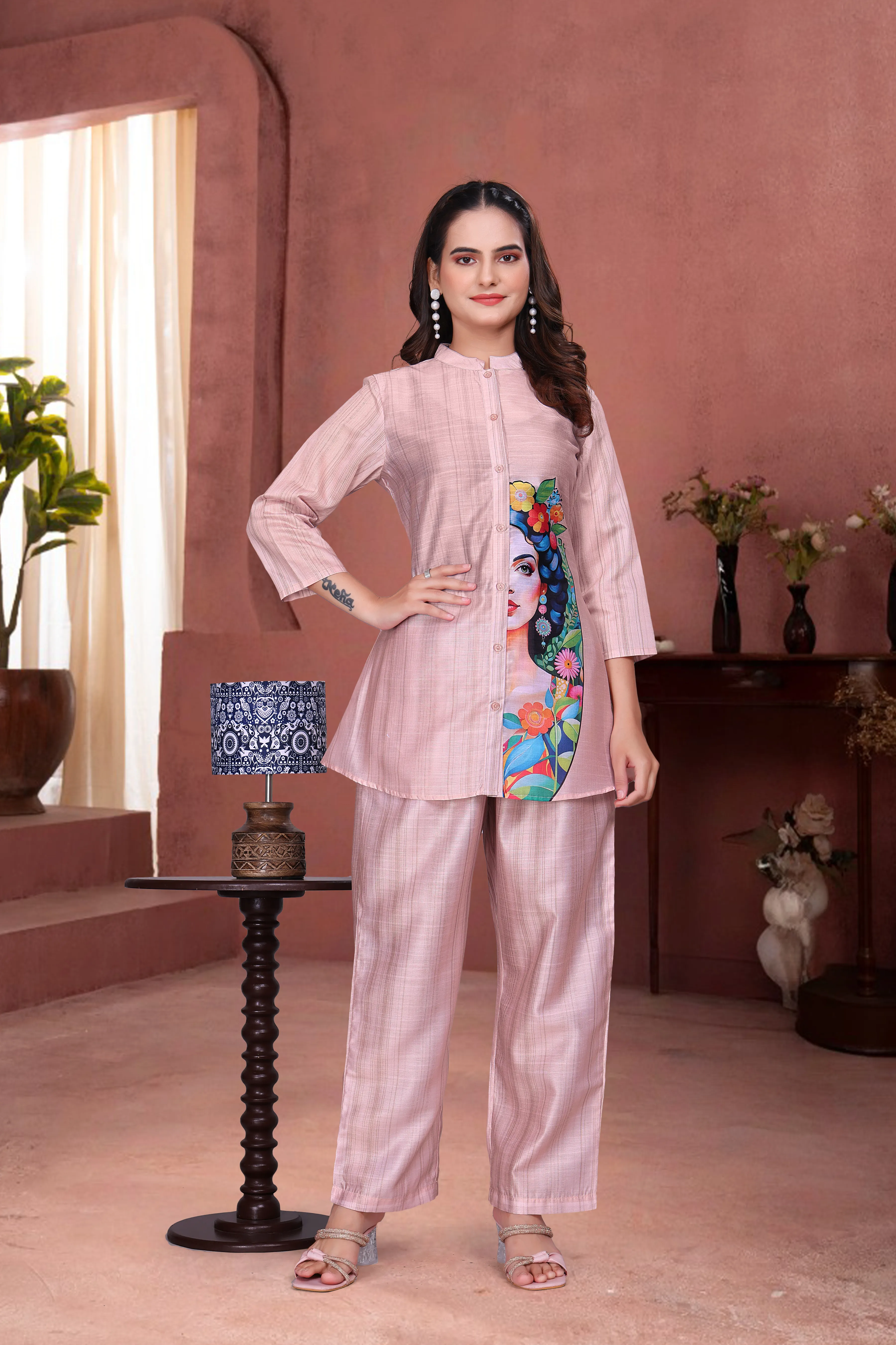 BLUMAIRE WomenÃ¢â‚¬â„¢s Pastel Pink Co-Ord Set | Stylish Button-Down Kurta with Artistic Portrait Print | Casual & Office Wear Outfit, XXL