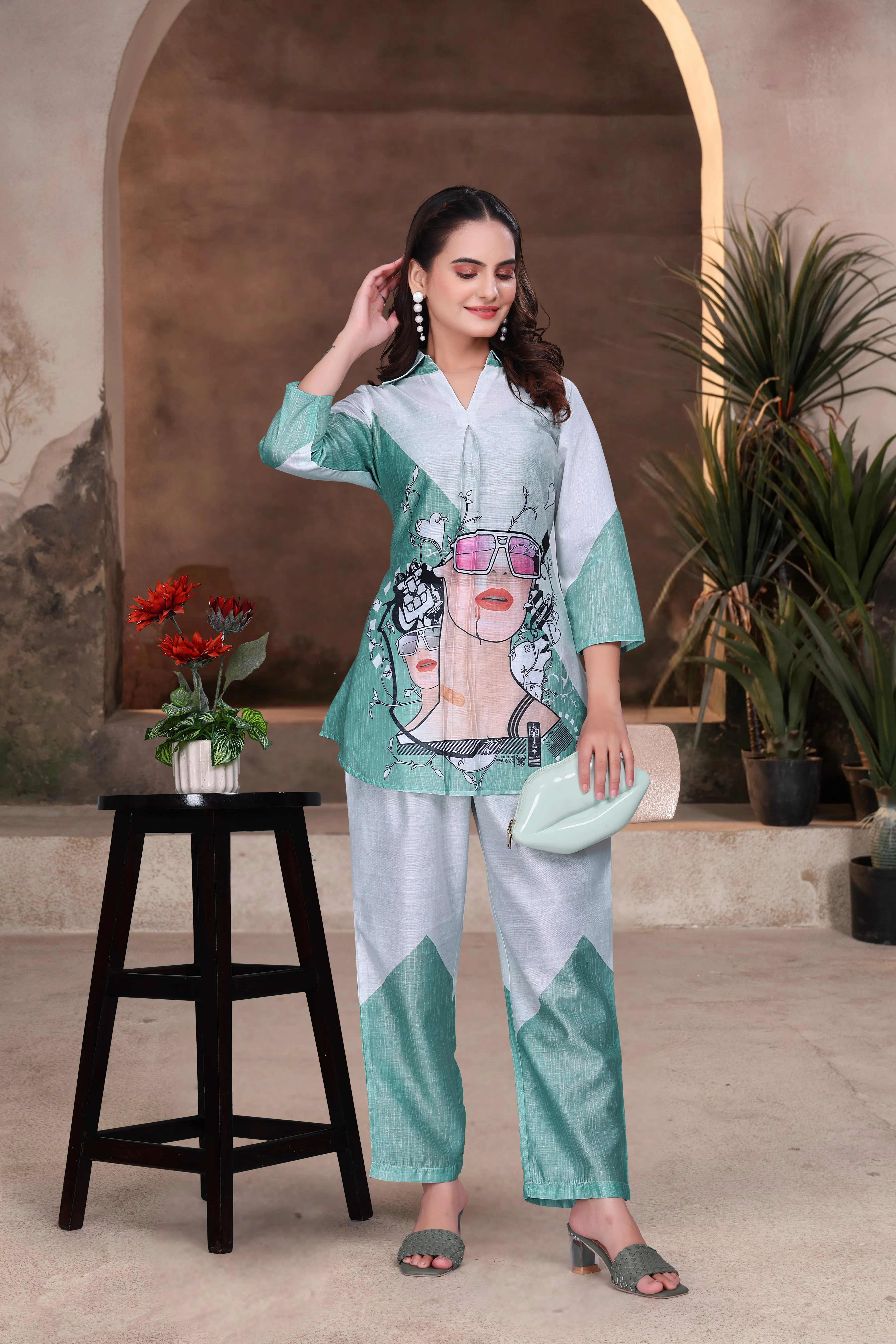 BLUMAIRE Trendy Co-Ord Set for Women | Stylish Printed Kurti with Pant | Casual & Office Wear Outfit, XXL