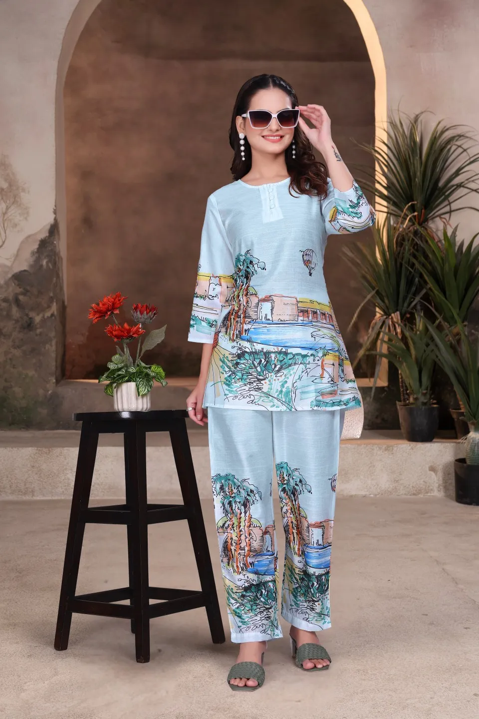 BLUMAIRE Trendy Co-Ord Set for Women | Stylish Printed Kurti with Pant | Casual & Office Wear Outfit, XXL