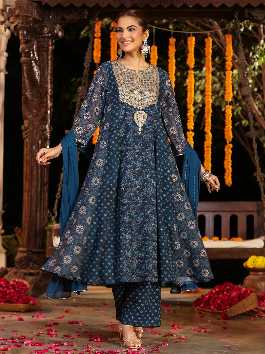 BLUMAIRE WomenÃ¢â‚¬â„¢s Blue Printed Anarkali Kurta Set with Pants & Dupatta | Elegant Ethnic Suit for Festive & Wedding Wear