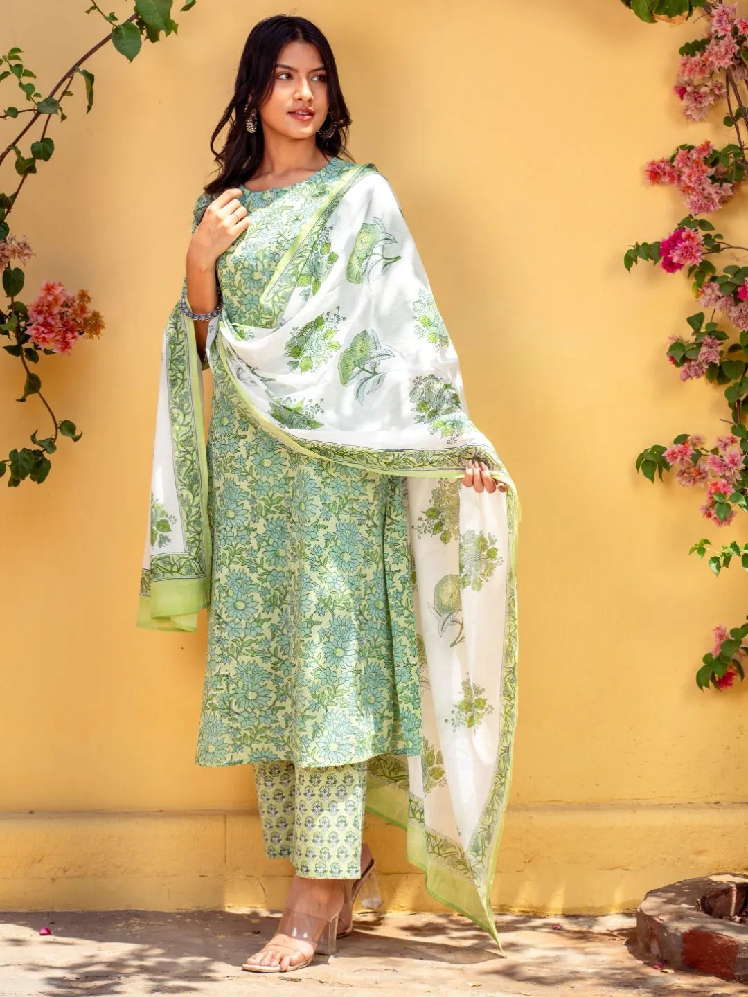 BLUMAIRE Green Floral Kurta with Pants & Dupatta for Women | Stylish Straight Suit Set | Casual & Office Wear Ethnic Dress