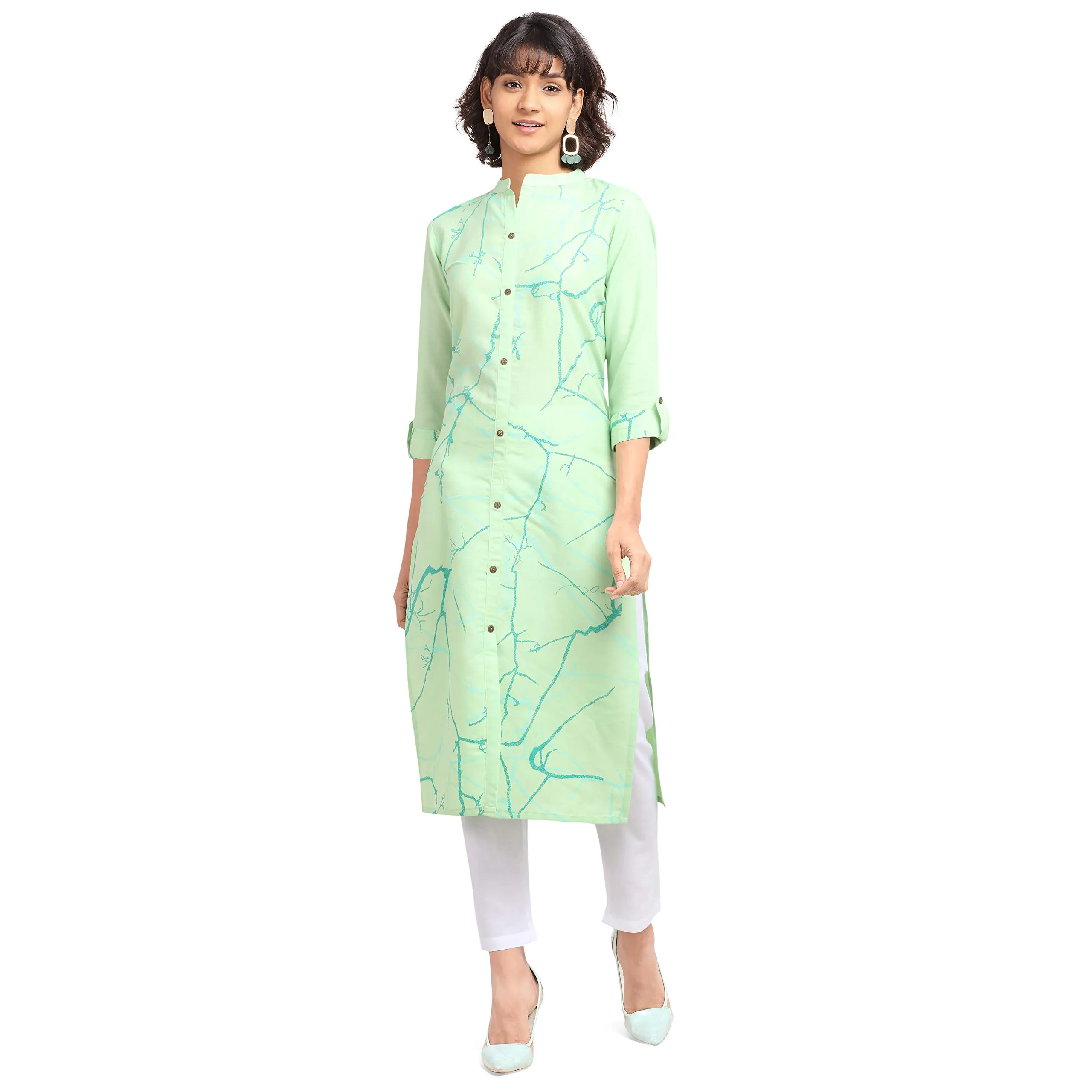 BLUMAIRE Mint Green Printed Straight Kurta for Women | Casual & Formal Wear Outfit, 2XL