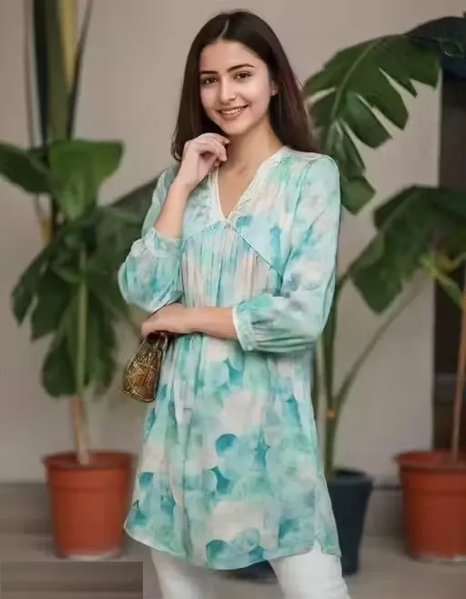 BLUMAIRE Printed Western Top for Women | American Crepe Fabric | Stylish 3/4 Sleeves | Daily & Formal Wear