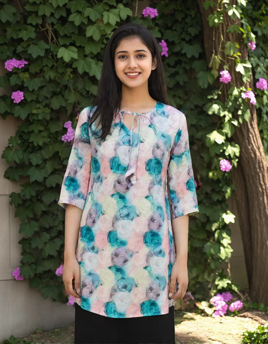 BLUMAIRE Printed Western Top for Women | American Crepe Fabric | Stylish 3/4 Sleeves | Daily & Formal Wear