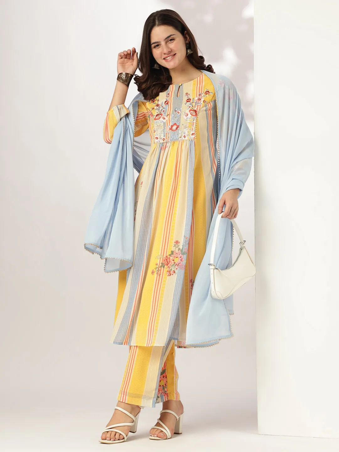 BLUMAIRE WomenÃ¢â‚¬â„¢s Yellow & Blue Striped Floral Embroidered Kurta Set with Dupatta | Elegant Cotton Blend Ethnic Outfit for Festive & Casual Wear