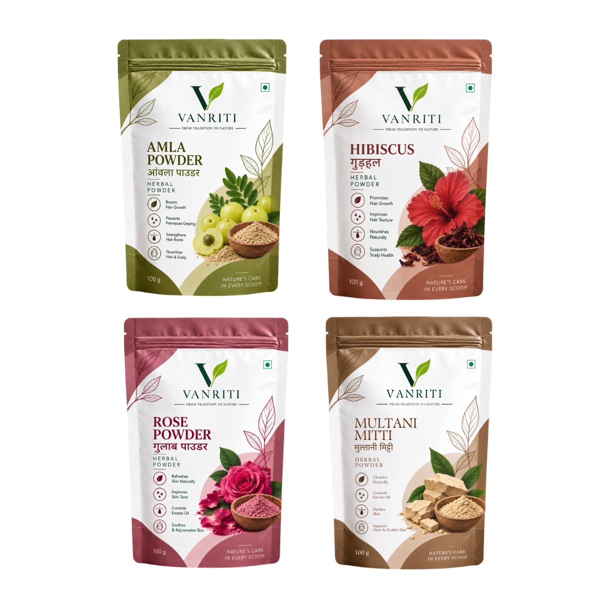 VANRITI Amla, Hibiscus, Rose and Multani Mitti Powder for Hair & Skin Beauty Ritual, 400g (Combo Pack of 4)