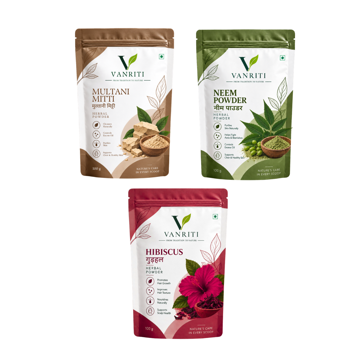 VANRITI Multani Mitti, Neem and Hibiscus Powder for Face Pack & Skin Care, 300g (Combo Pack of 3)