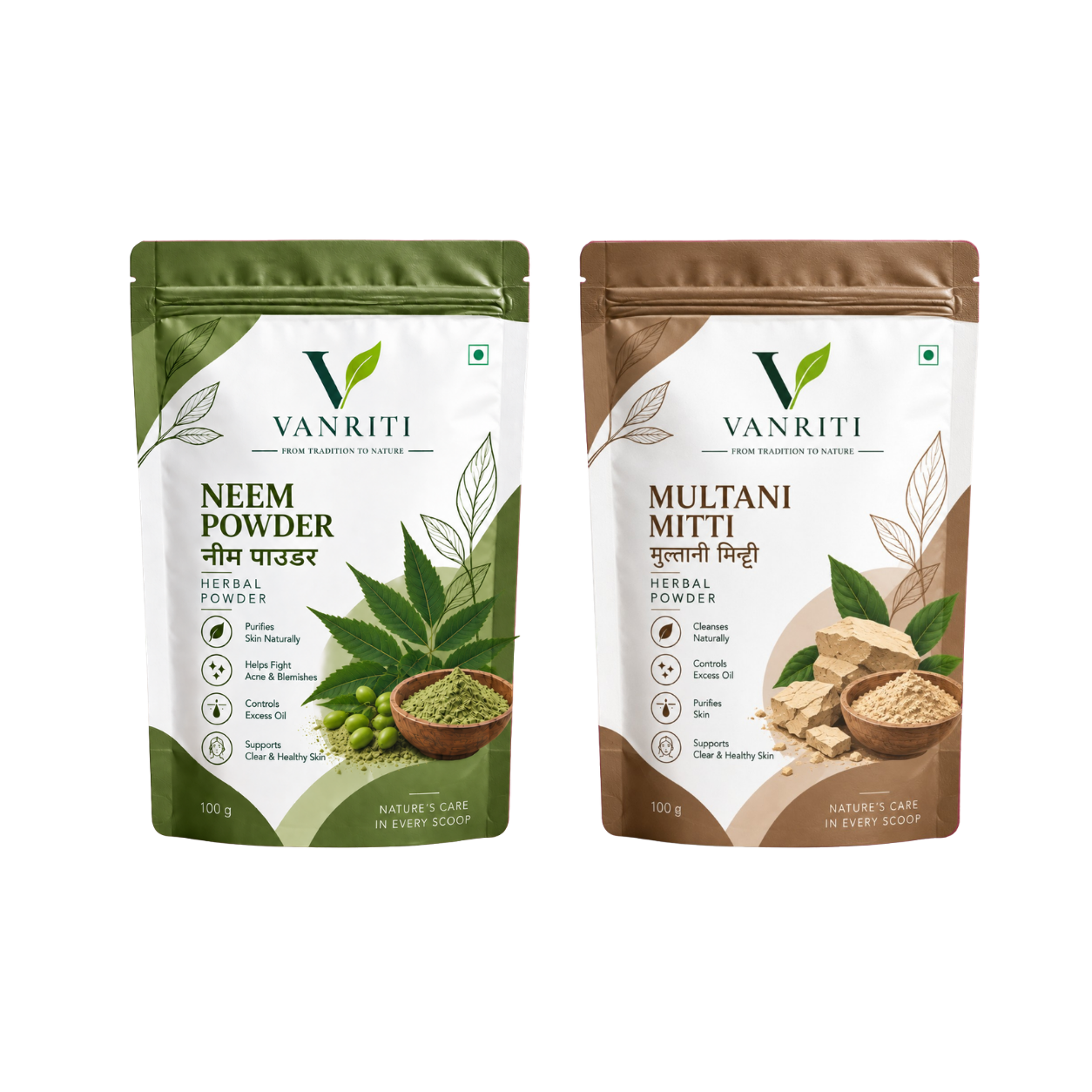 VANRITI Multani Mitti and Neem Powder for Face Pack & Skin Care, 200g (Combo Pack of 2)