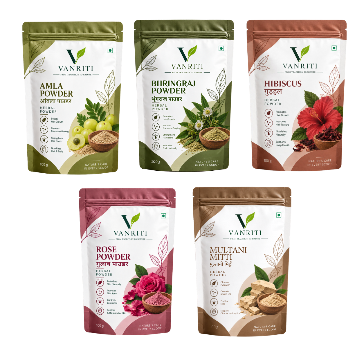 VANRITI Amla, Bhringraj, Hibiscus, Rose and Multani Mitti Powder for Hair & Skin Beauty Ritual, 500g (Combo Pack of 5)