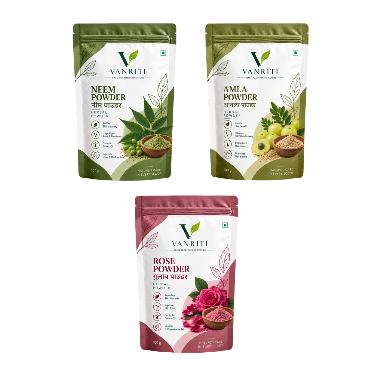 VANRITI Rose, Neem and Amla Powder for Face Pack & Skin Care, 300g (Combo Pack of 3)