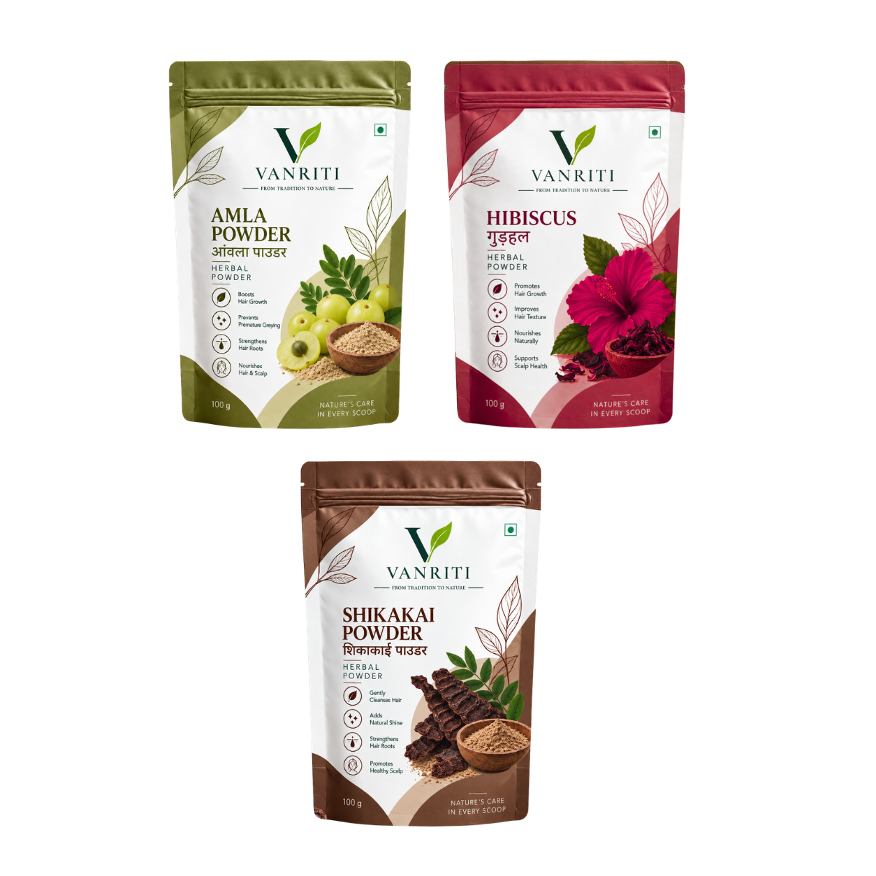 VANRITI Amla, Hibiscus and Shikakai Powder for Hair Cleansing & Hair Mask, 300g (Combo Pack of 3)