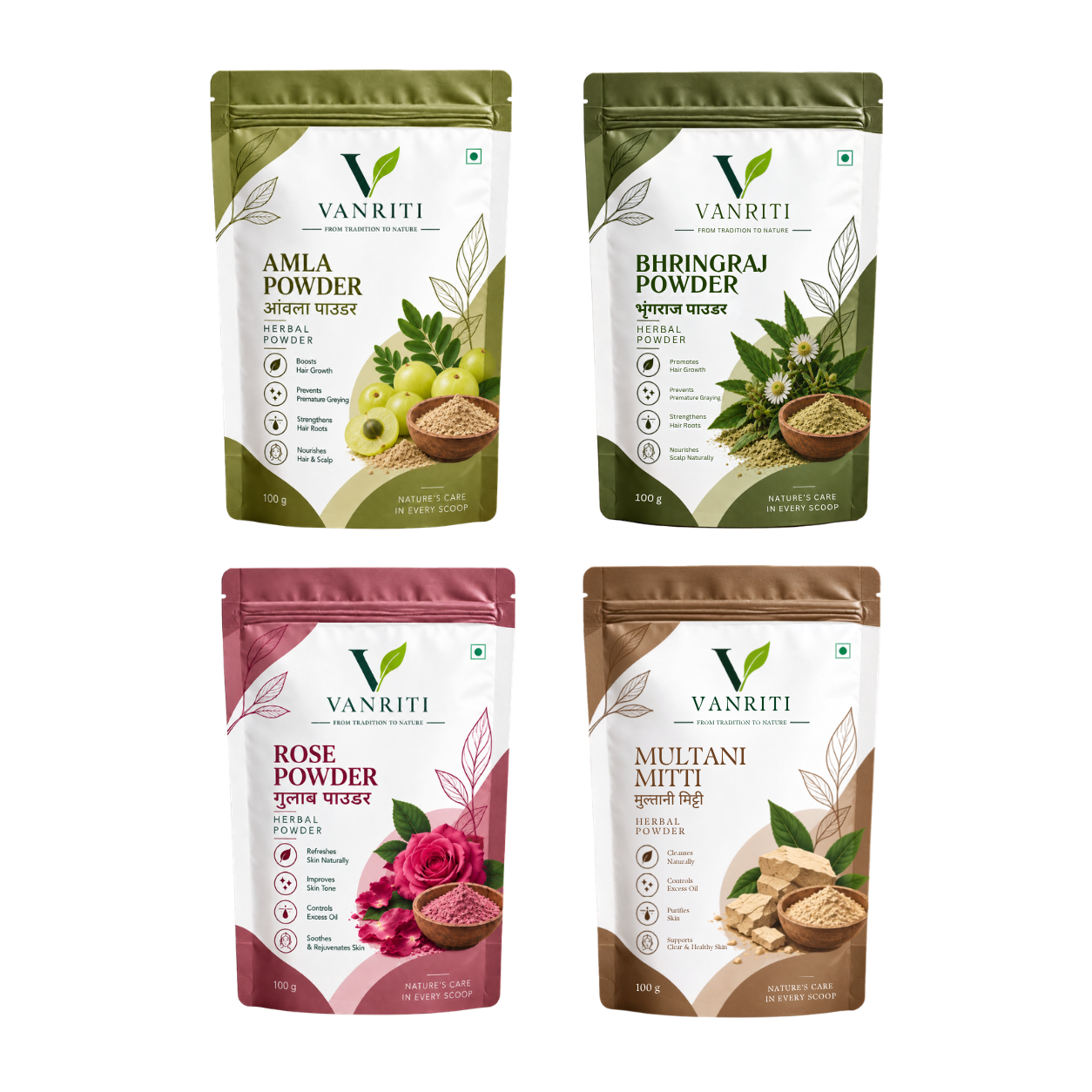 VANRITI Amla, Bhringraj, Rose and Multani Mitti Powder for Hair & Skin Beauty Ritual, 400g (Combo Pack of 4)