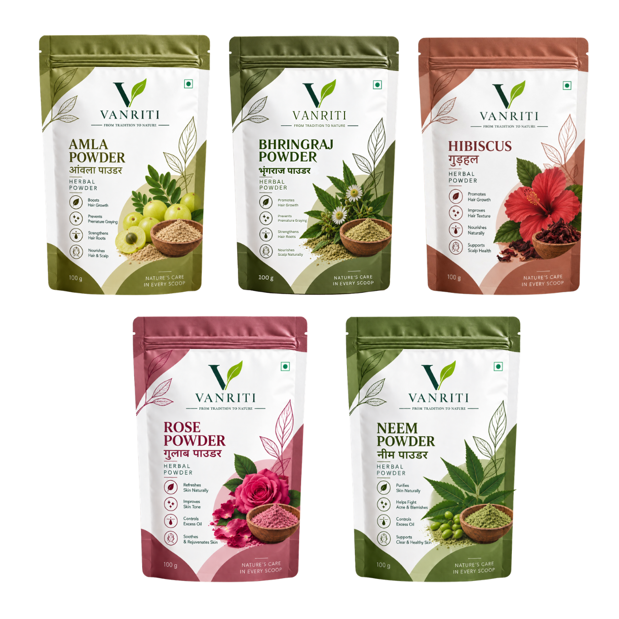 VANRITI Amla, Bhringraj, Hibiscus, Rose and Neem Powder for Hair & Skin Beauty Ritual, 500g (Combo Pack of 5)