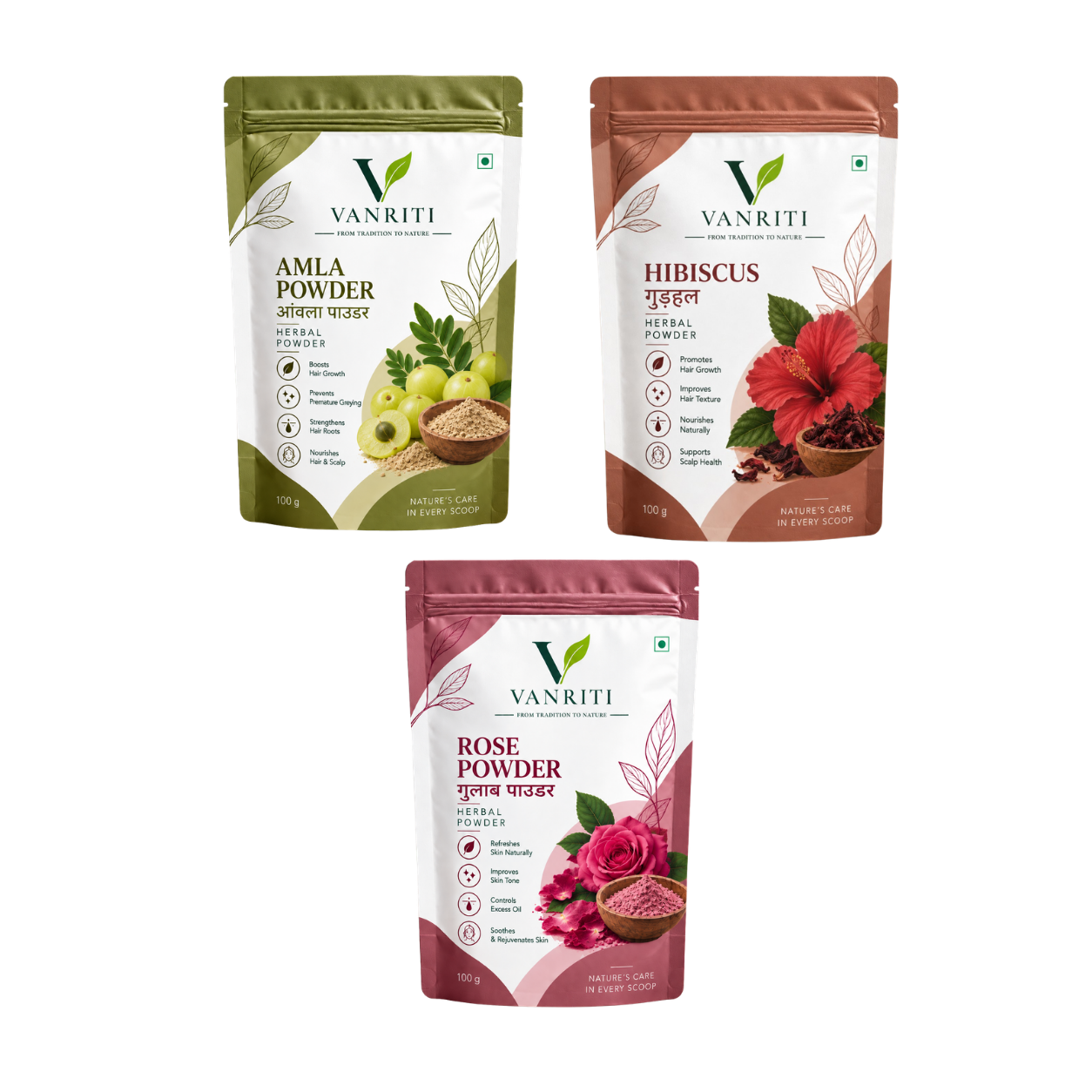 VANRITI Amla, Hibiscus and Rose Powder for Hair & Skin Beauty Ritual, 300g (Combo Pack of 3)