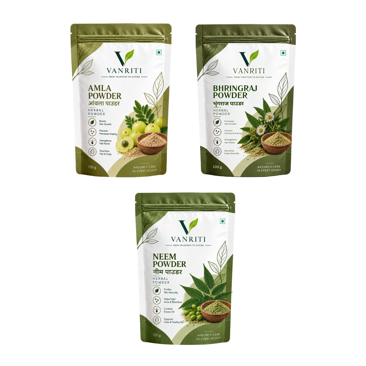 VANRITI Amla, Bhringraj and Neem Powder for Hair & Skin Beauty Ritual, 300g (Combo Pack of 3)