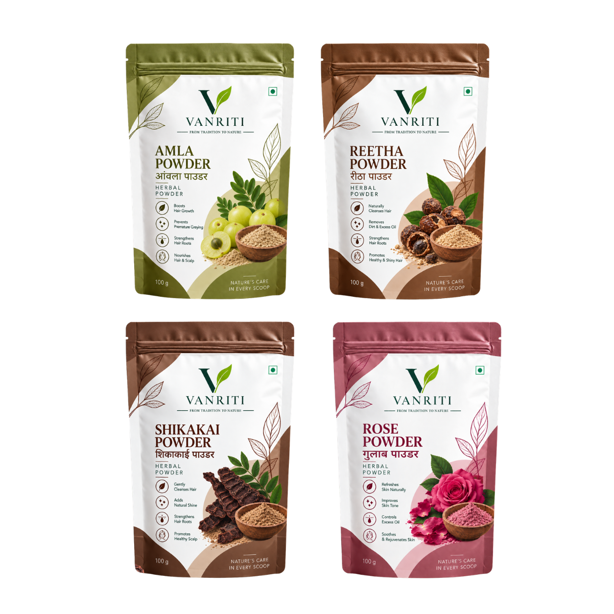 VANRITI Amla, Reetha, Shikakai and Rose Powder for Hair Cleansing & Hair Mask, 400g (Combo Pack of 4)