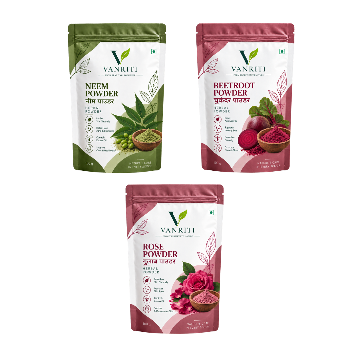VANRITI Rose, Neem and Beetroot Powder for Face Pack & Skin Care, 300g (Combo Pack of 3)