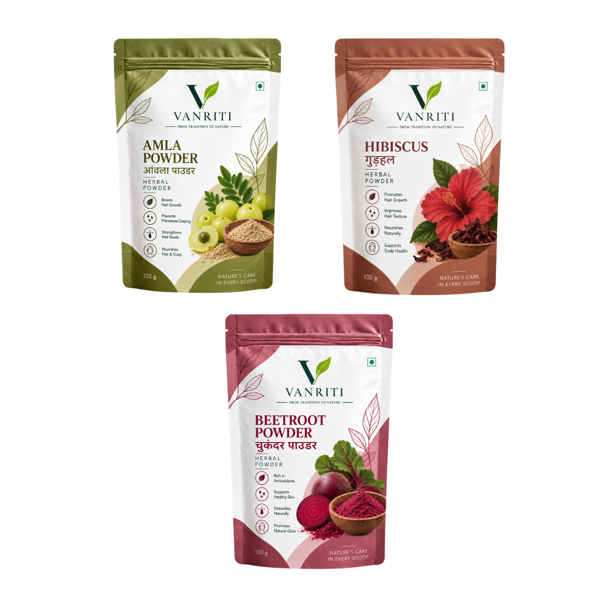 VANRITI Amla, Beetroot & Hibiscus Food-Grade Powder Combo for Daily Wellness, 300g | Pack of 3