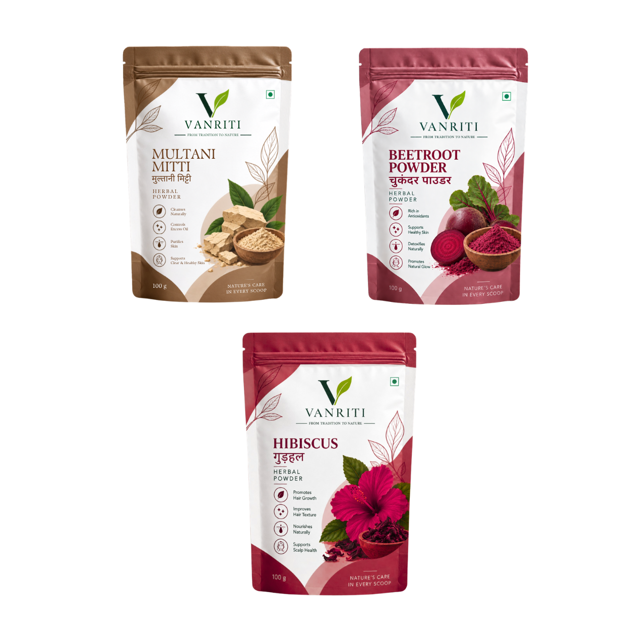 VANRITI Multani Mitti, Beetroot and Hibiscus Powder for Face Pack & Skin Care, 300g (Combo Pack of 3)
