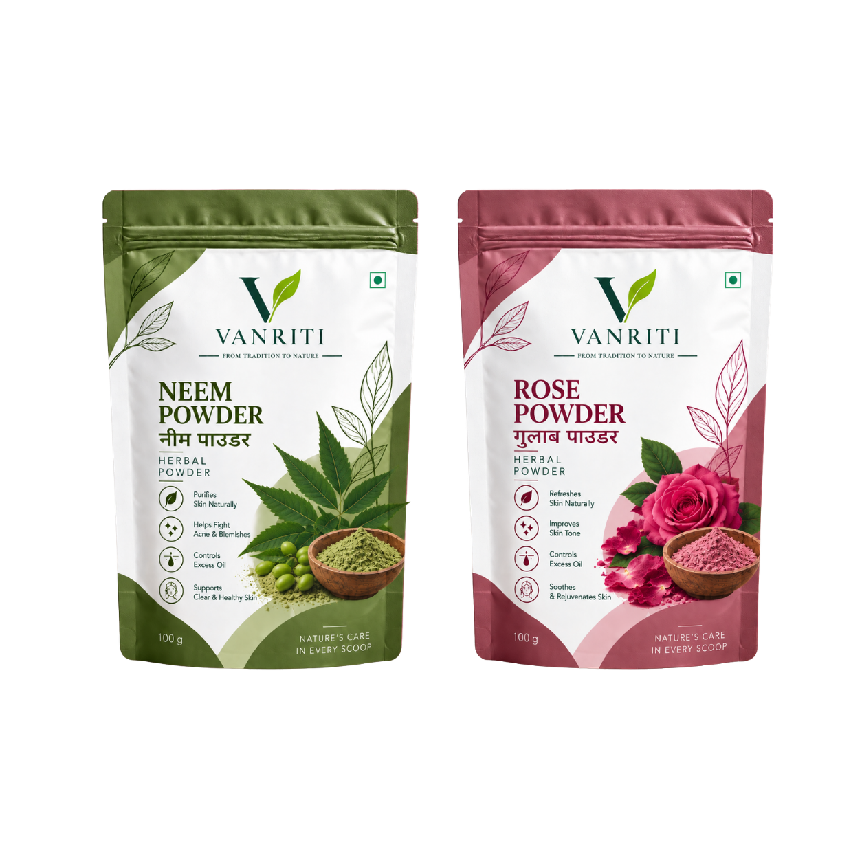 VANRITI Rose and Neem Powder for Face Pack & Skin Care, 200g (Combo Pack of 2)