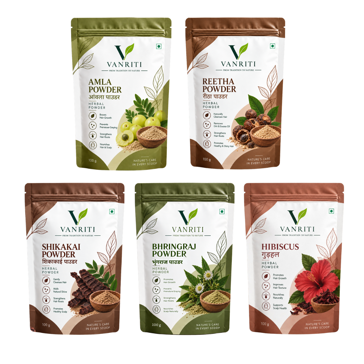 VANRITI Amla, Bhringraj, Reetha, Shikakai and Hibiscus Powder for Hair Cleansing & Hair Mask, 500g (Combo Pack of 5)