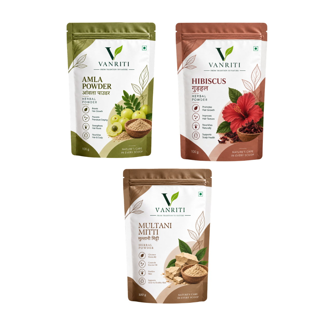 VANRITI Amla, Hibiscus and Multani Mitti Powder for Hair & Skin Beauty Ritual, 300g (Combo Pack of 3)