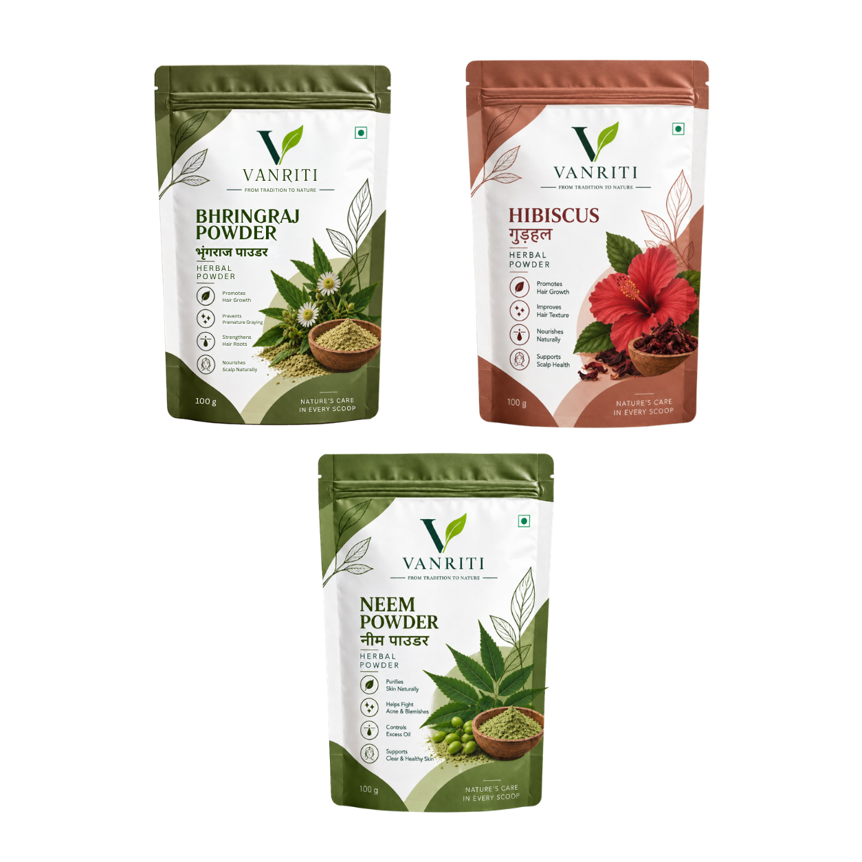 VANRITI Bhringraj, Hibiscus and Neem Powder for Hair & Skin Beauty Ritual, 300g (Combo Pack of 3)