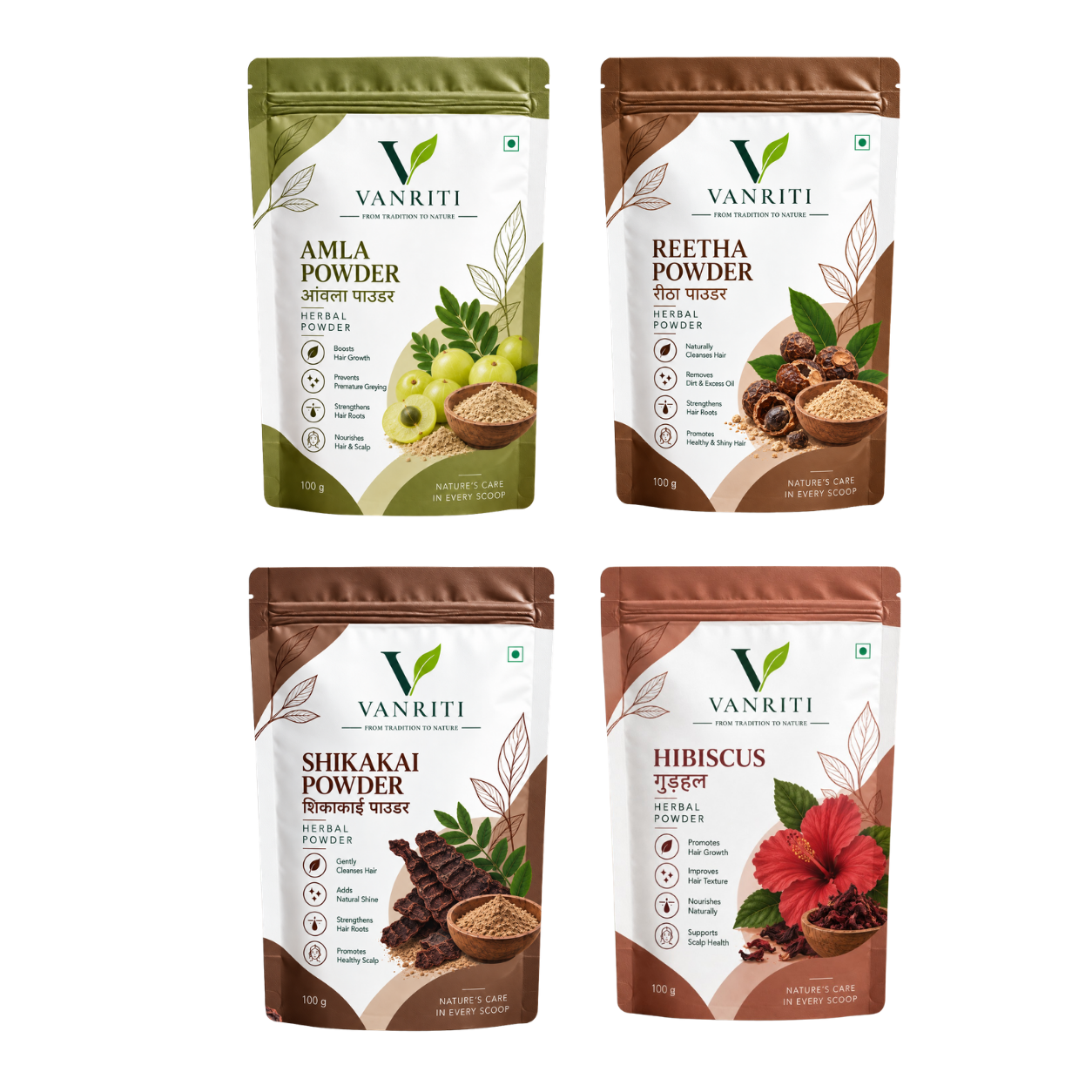 VANRITI Amla, Hibiscus, Reetha and Shikakai Powder for Hair Cleansing & Hair Mask, 400g (Combo Pack of 4)