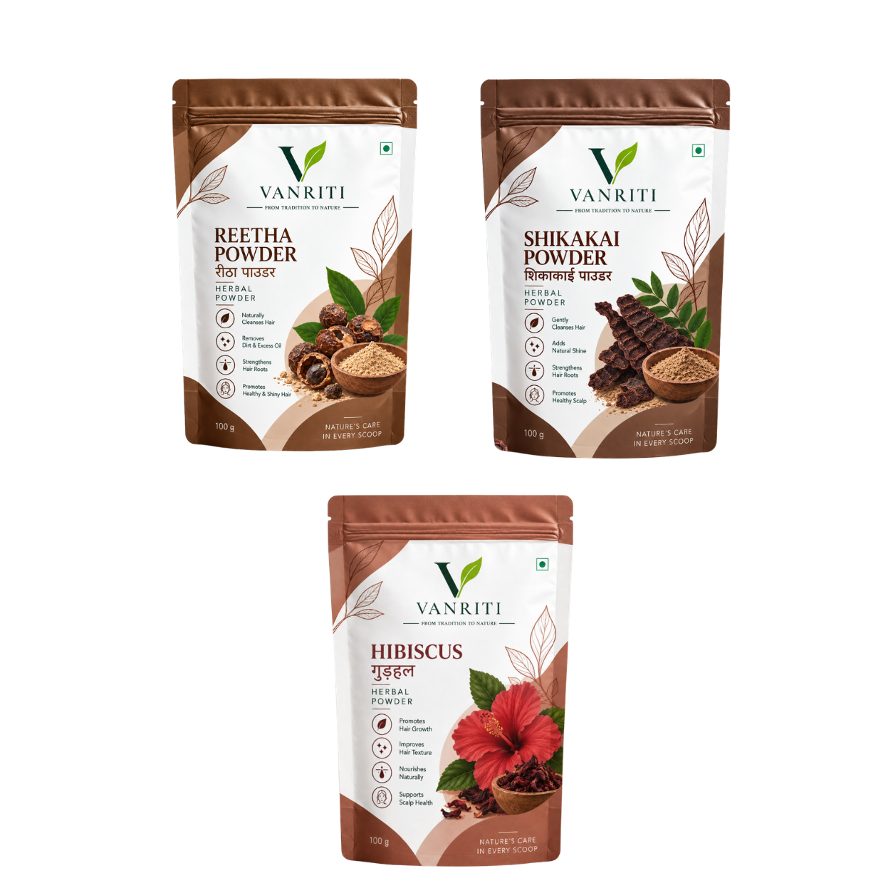 VANRITI Hibiscus, Reetha and Shikakai Powder for Hair Cleansing & Hair Mask, 300g (Combo Pack of 3)