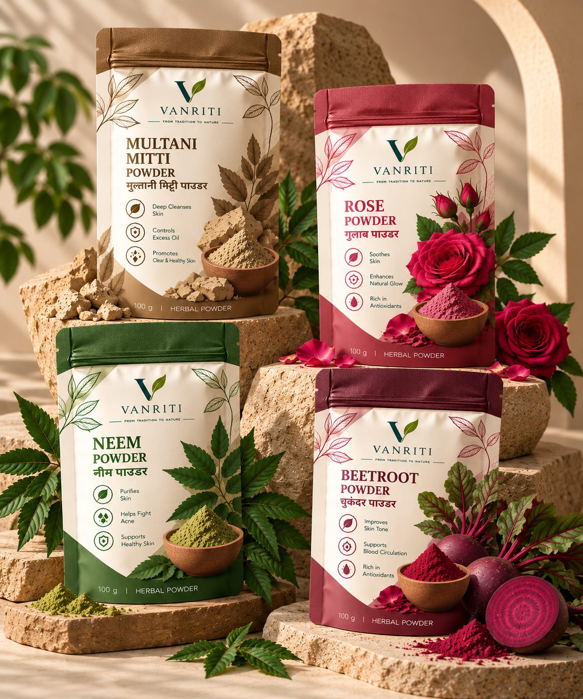 VANRITI Multani Mitti Rose Neem Beetroot Face Pack Powder