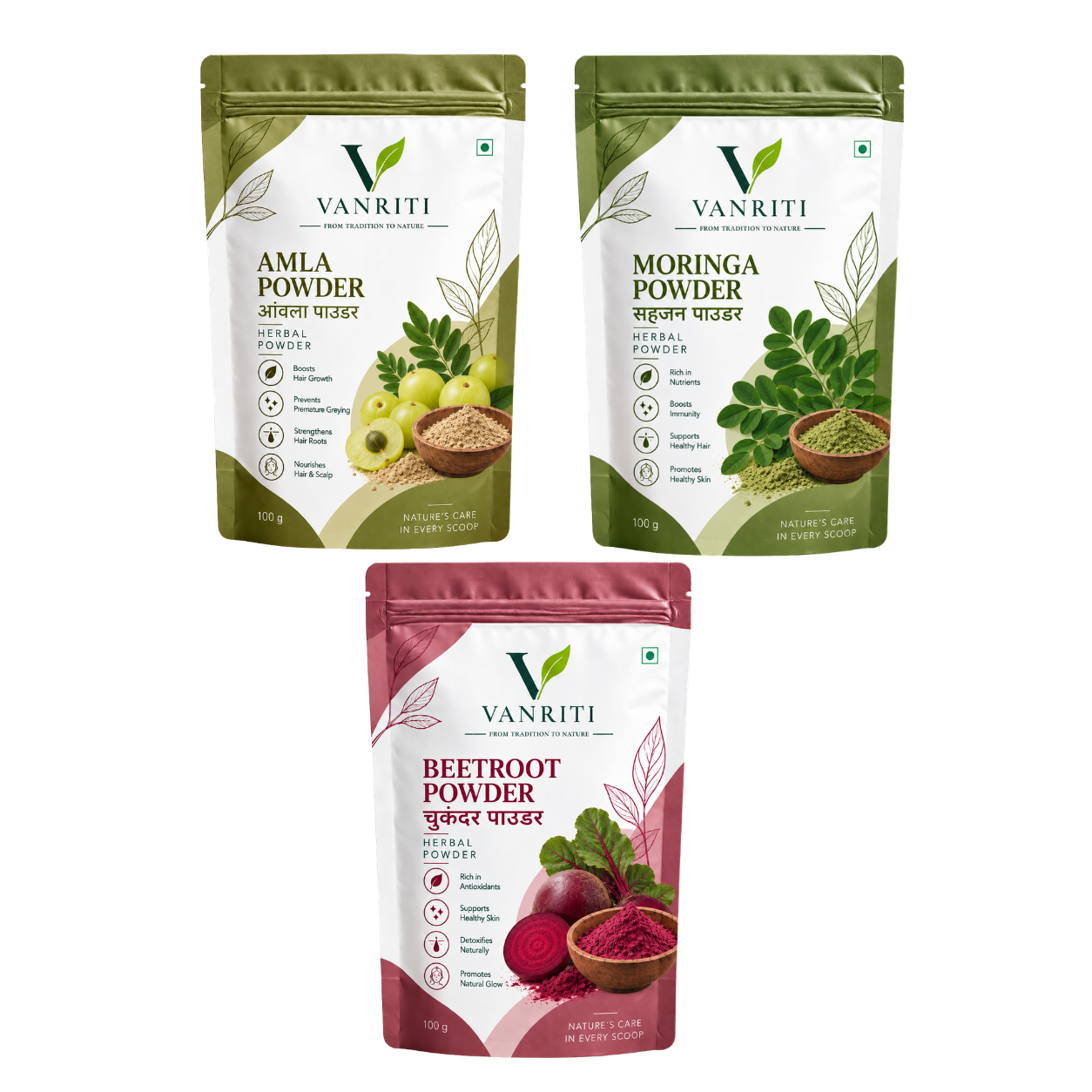 VANRITI Moringa, Amla and Beetroot Food-Grade Powder for Daily Wellness, 300g (Combo Pack of 3)