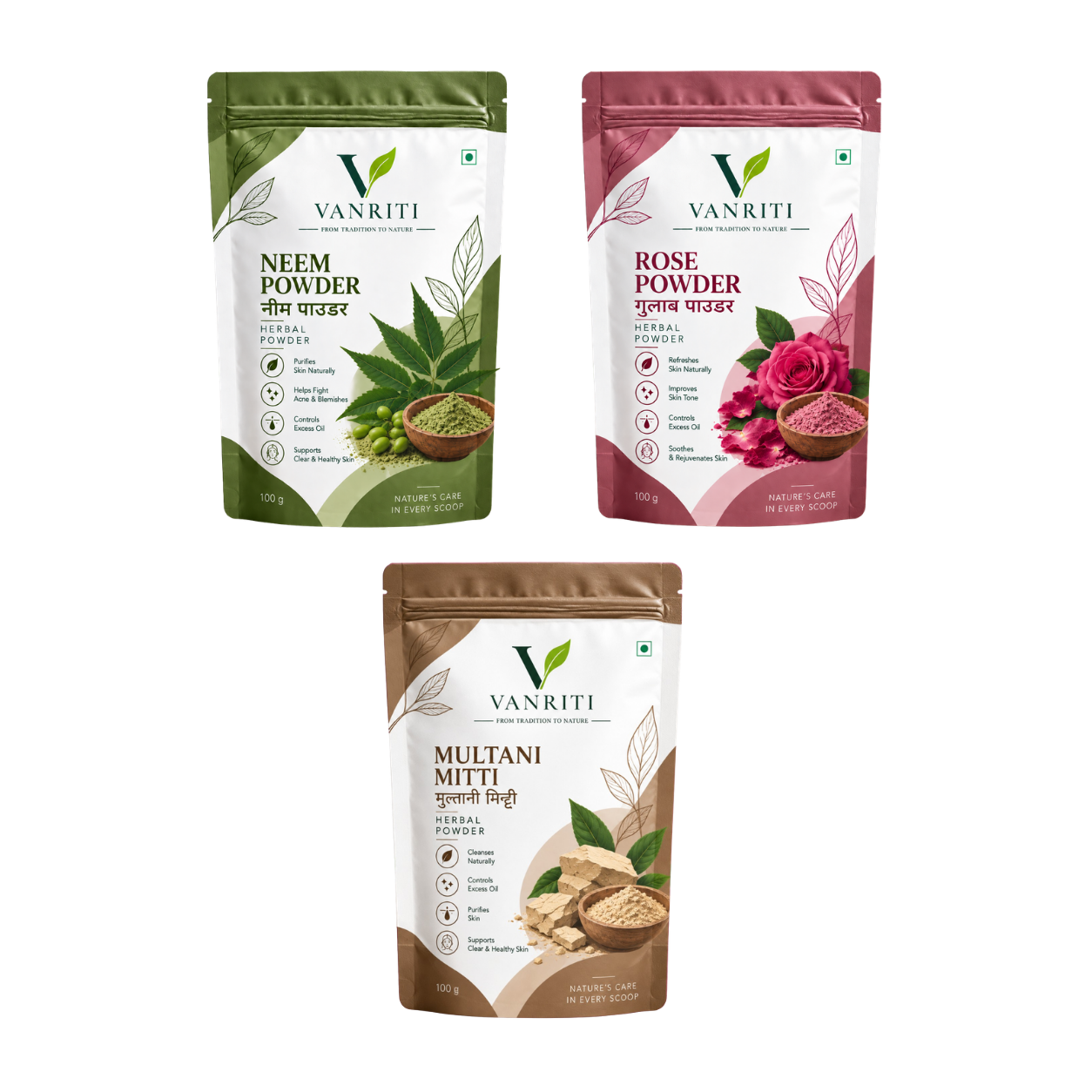 VANRITI Multani Mitti, Rose and Neem Powder for Face Pack & Skin Care, 300g (Combo Pack of 3)