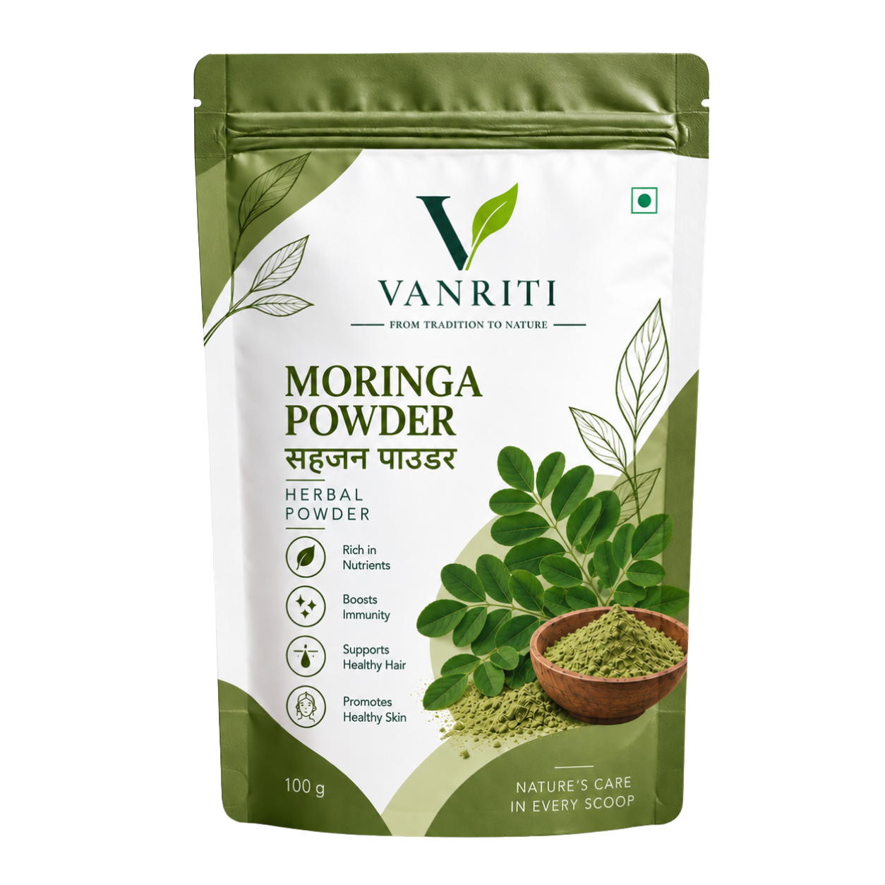 VANRITI Pure Moringa Powder for Daily Wellness, 100 g | Food-Grade