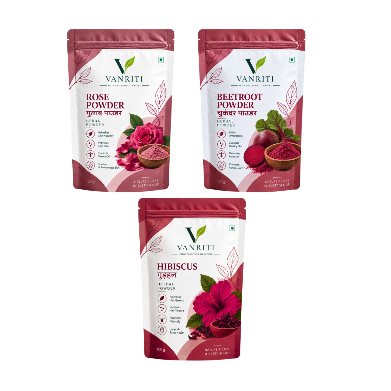 VANRITI Rose, Beetroot and Hibiscus Powder for Face Pack & Skin Care, 300g (Combo Pack of 3)