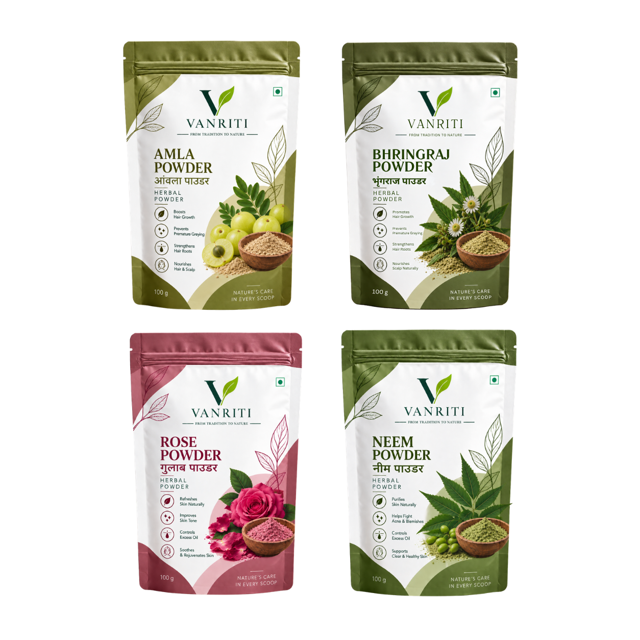 VANRITI Amla, Bhringraj, Rose and Neem Powder for Hair & Skin Beauty Ritual, 400g (Combo Pack of 4)