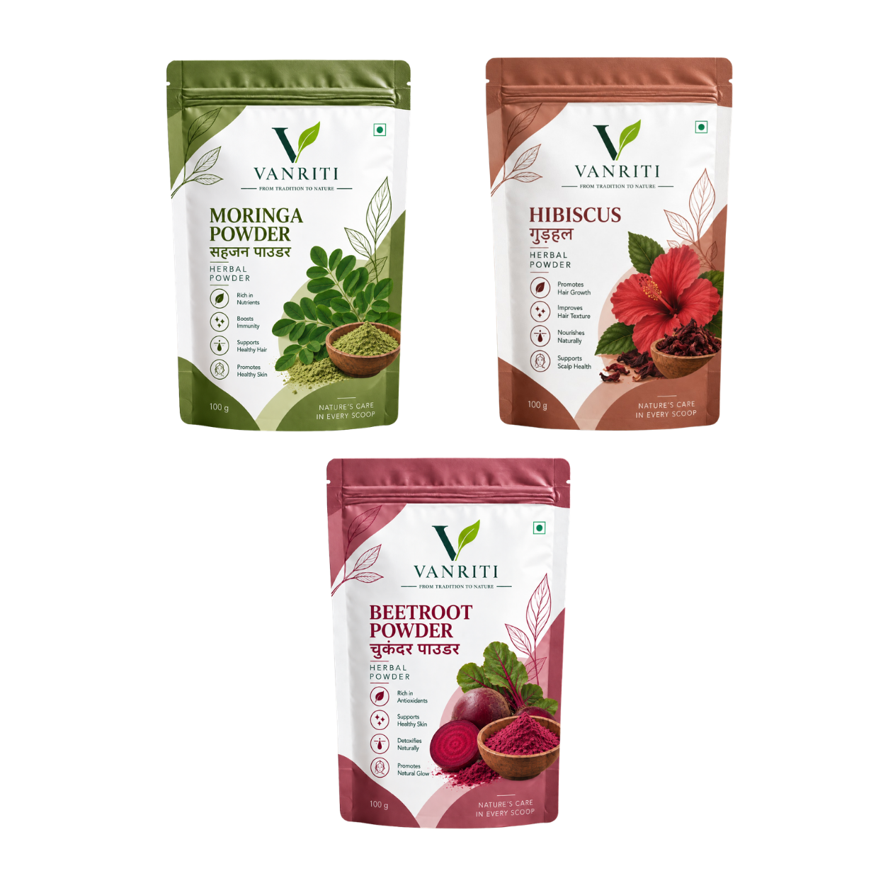 VANRITI Moringa, Beetroot & Hibiscus Food-Grade Powder Combo for Daily Wellness, 300g | Pack of 3