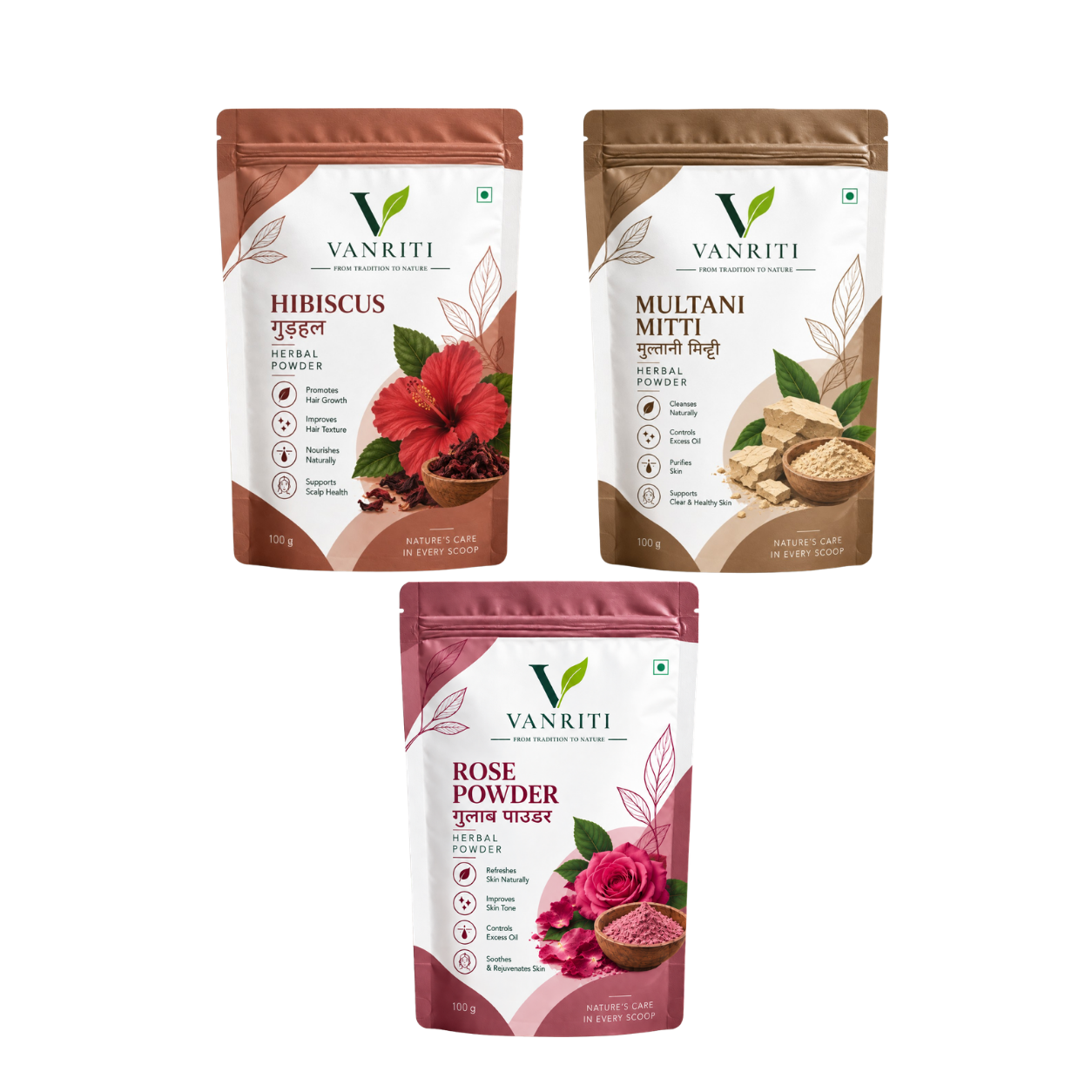VANRITI Multani Mitti, Rose and Hibiscus Powder for Face Pack & Skin Care, 300g (Combo Pack of 3)