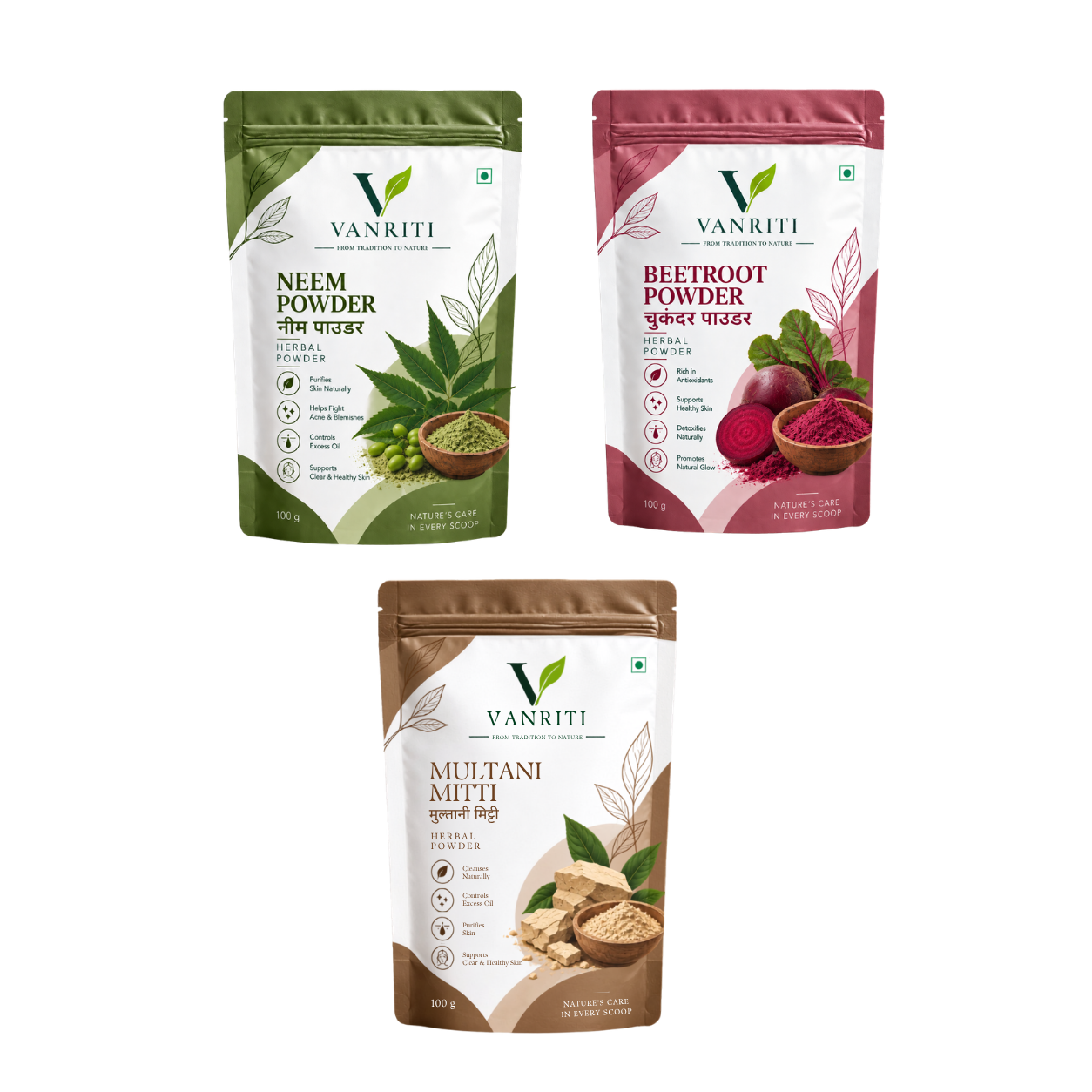 VANRITI Multani Mitti, Neem and Beetroot Powder for Face Pack & Skin Care, 300g (Combo Pack of 3)