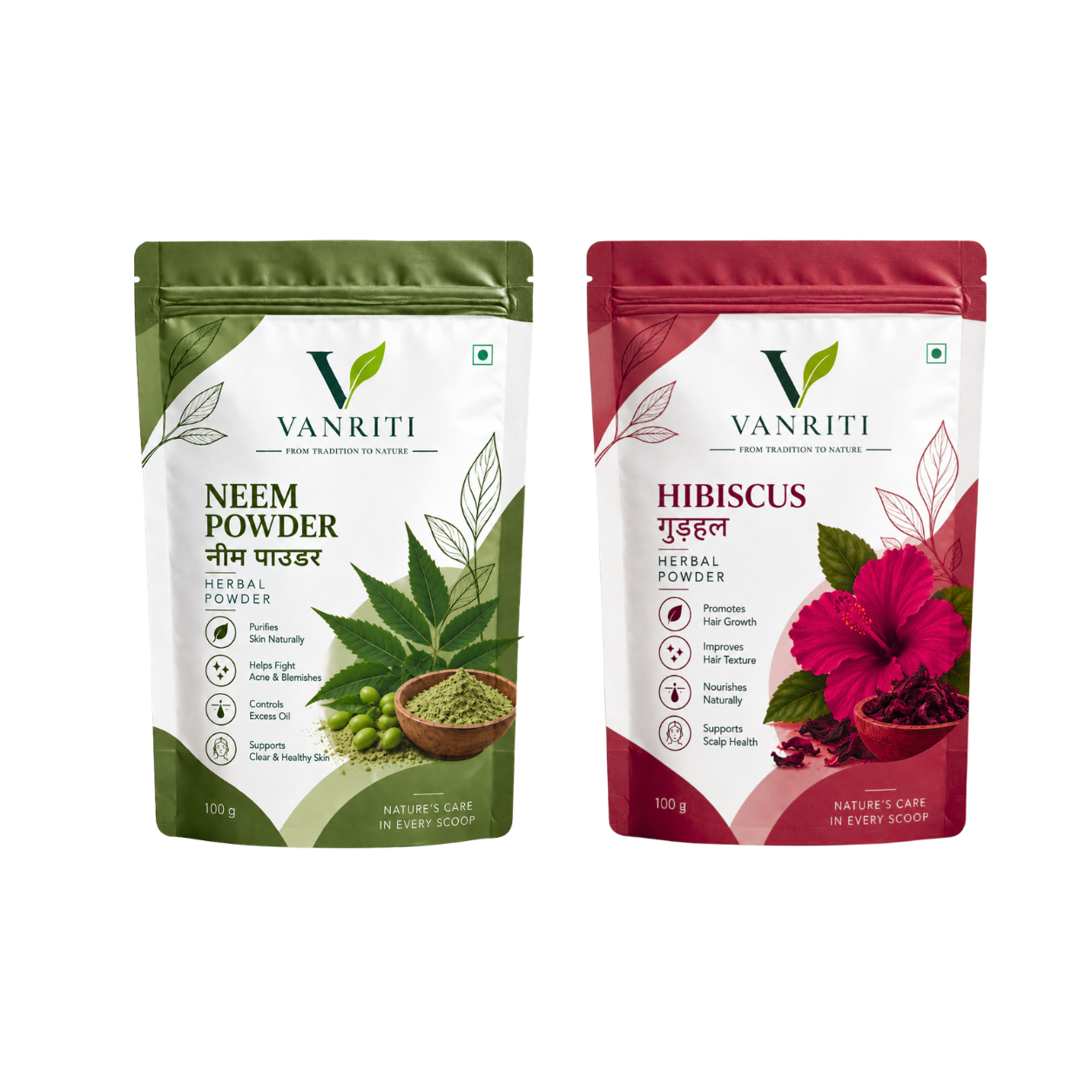 VANRITI Neem and Hibiscus Powder for Face Pack & Skin Care, 200g (Combo Pack of 2)
