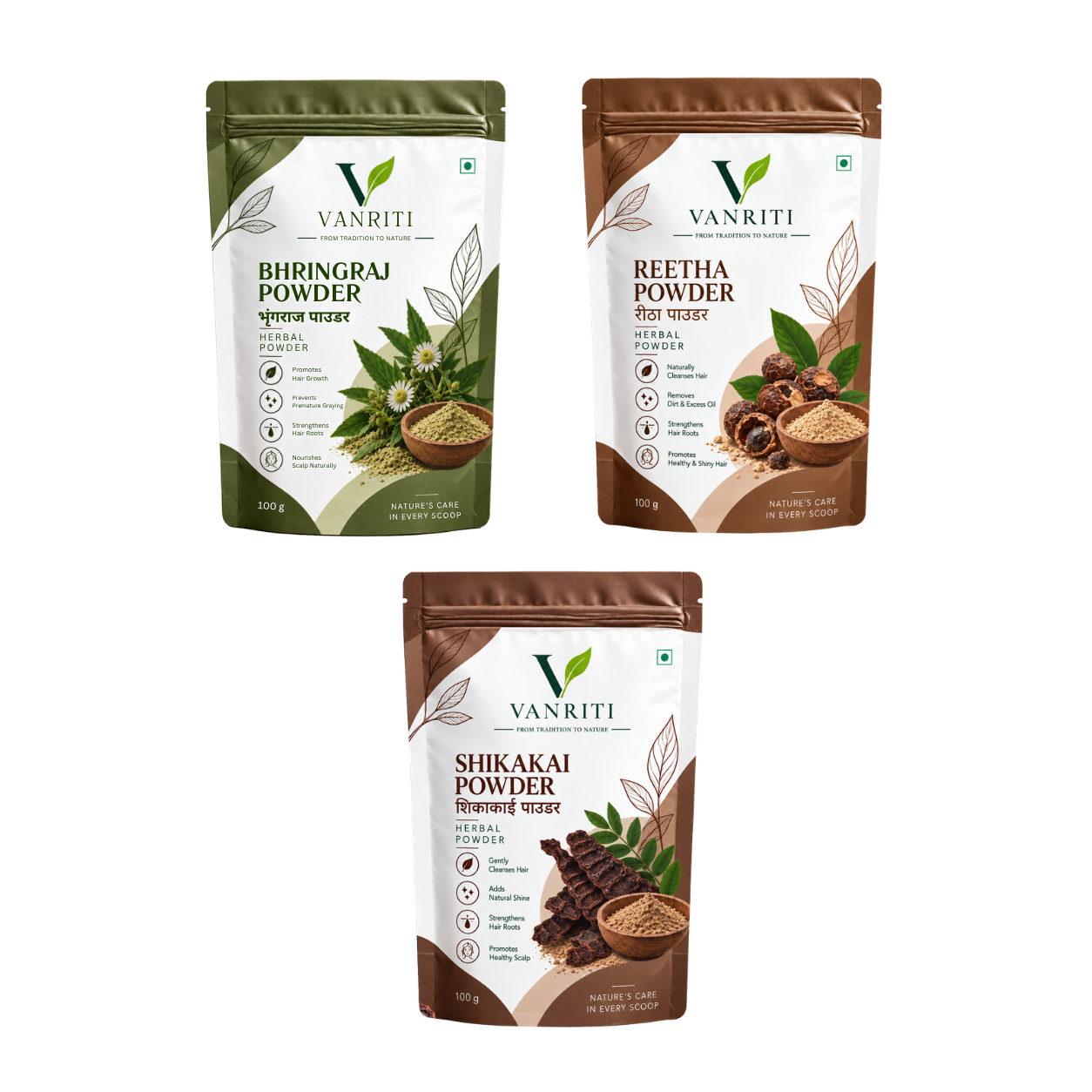VANRITI Bhringraj, Reetha and Shikakai Powder for Hair Cleansing & Hair Mask, 300g (Combo Pack of 3)