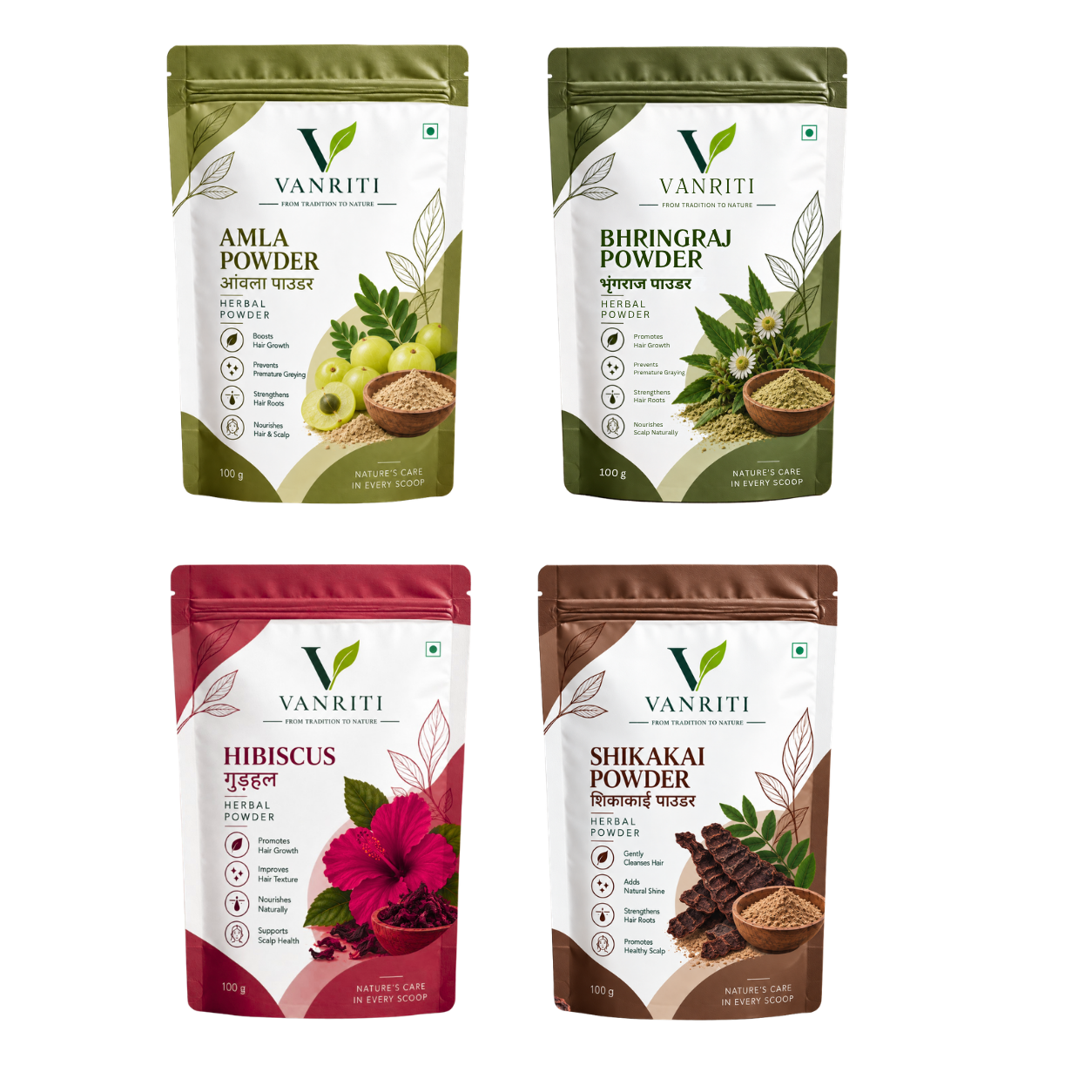 VANRITI Amla, Bhringraj, Hibiscus and Shikakai Powder for Hair Cleansing & Hair Mask, 400g (Combo Pack of 4)