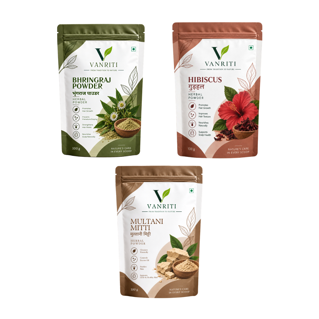 VANRITI Bhringraj, Hibiscus and Multani Mitti Powder for Hair & Skin Beauty Ritual, 300g (Combo Pack of 3)