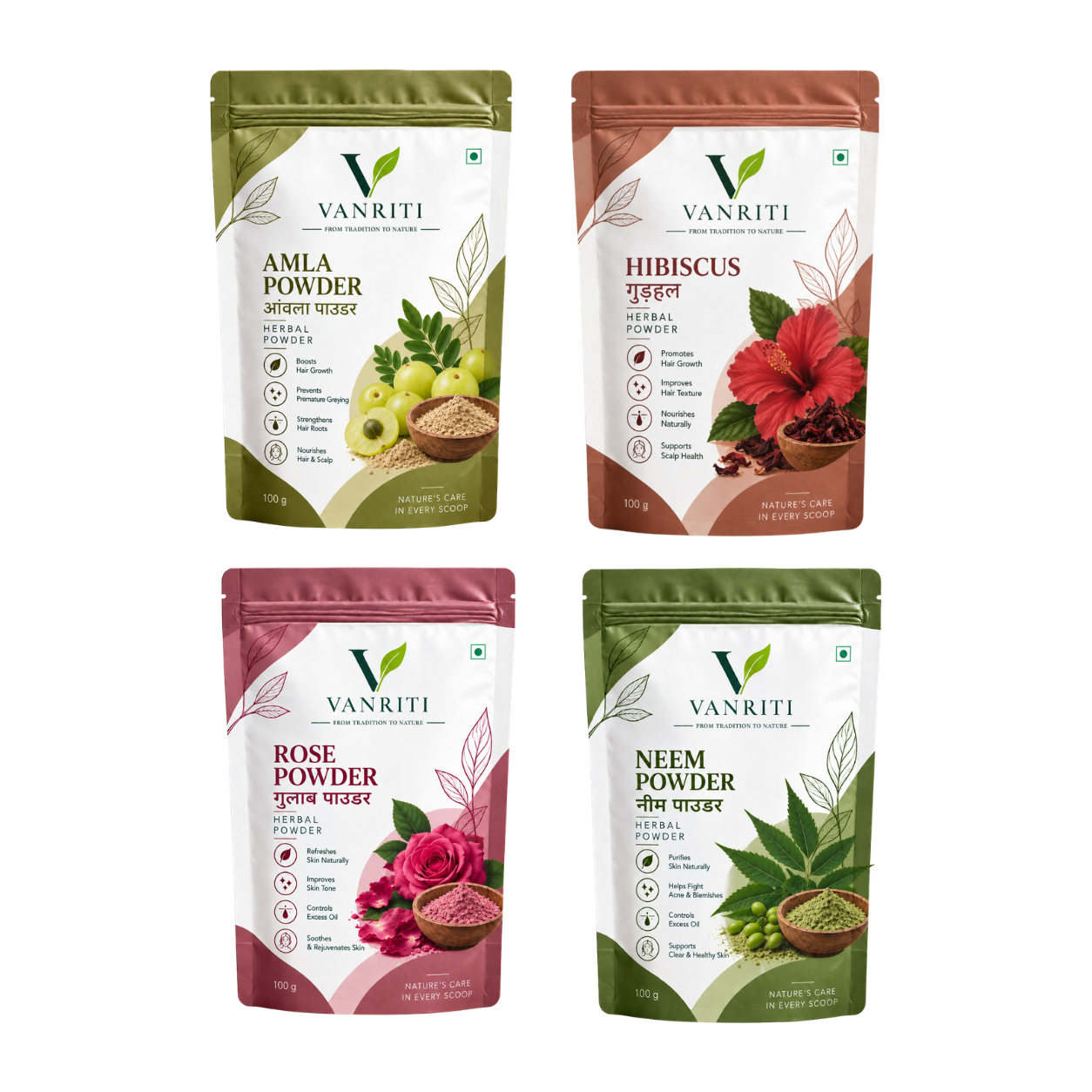 VANRITI Amla, Hibiscus, Rose and Neem Powder for Hair & Skin Beauty Ritual, 400g (Combo Pack of 4)