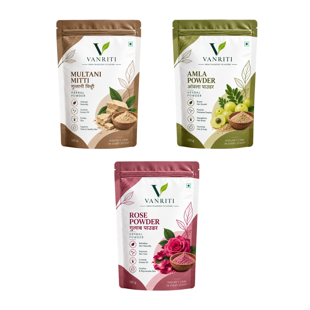 VANRITI Multani Mitti, Rose and Amla Powder for Face Pack & Skin Care, 300g (Combo Pack of 3)