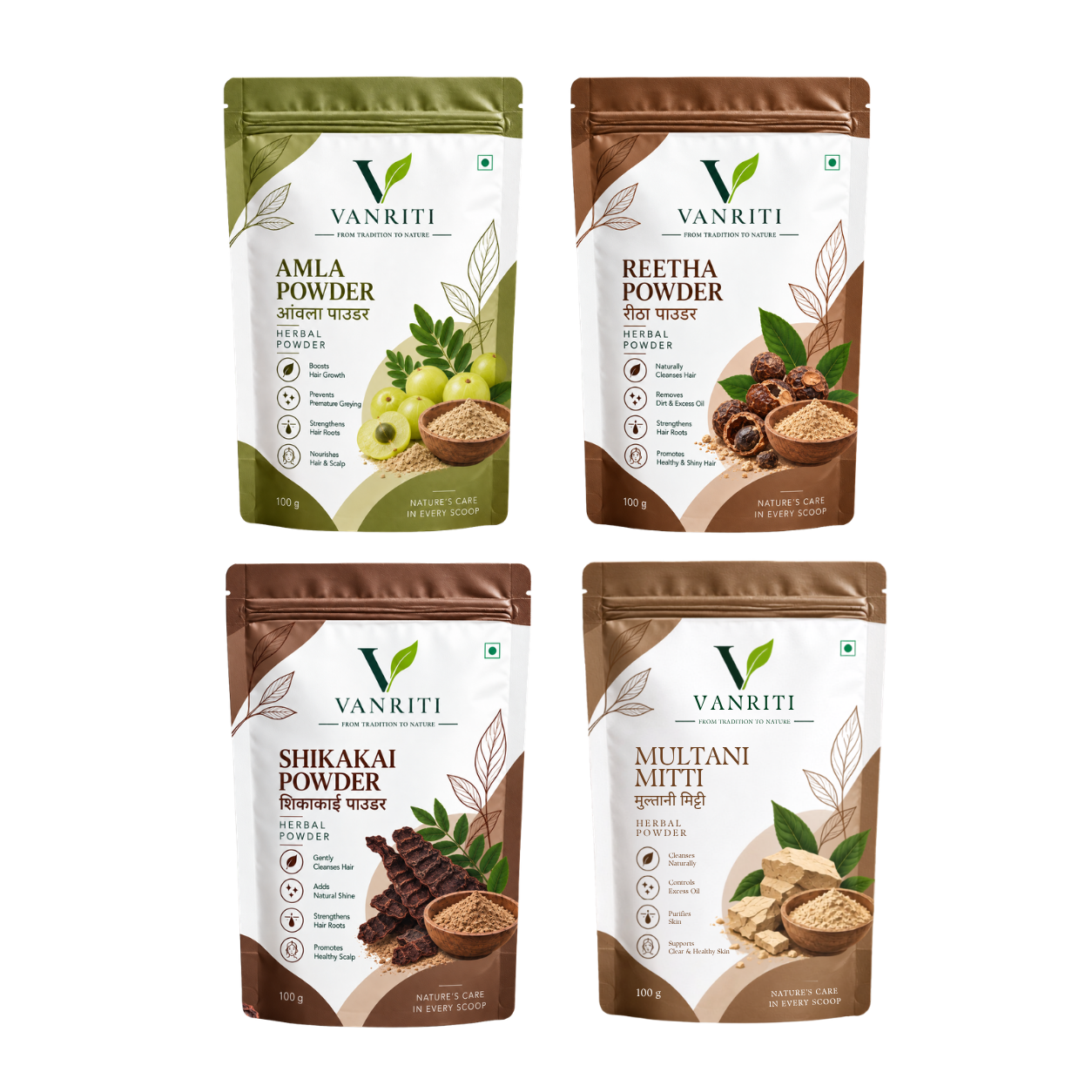 VANRITI Amla, Reetha, Shikakai and Multani Mitti Powder for Hair Cleansing & Hair Mask, 400g (Combo Pack of 4)