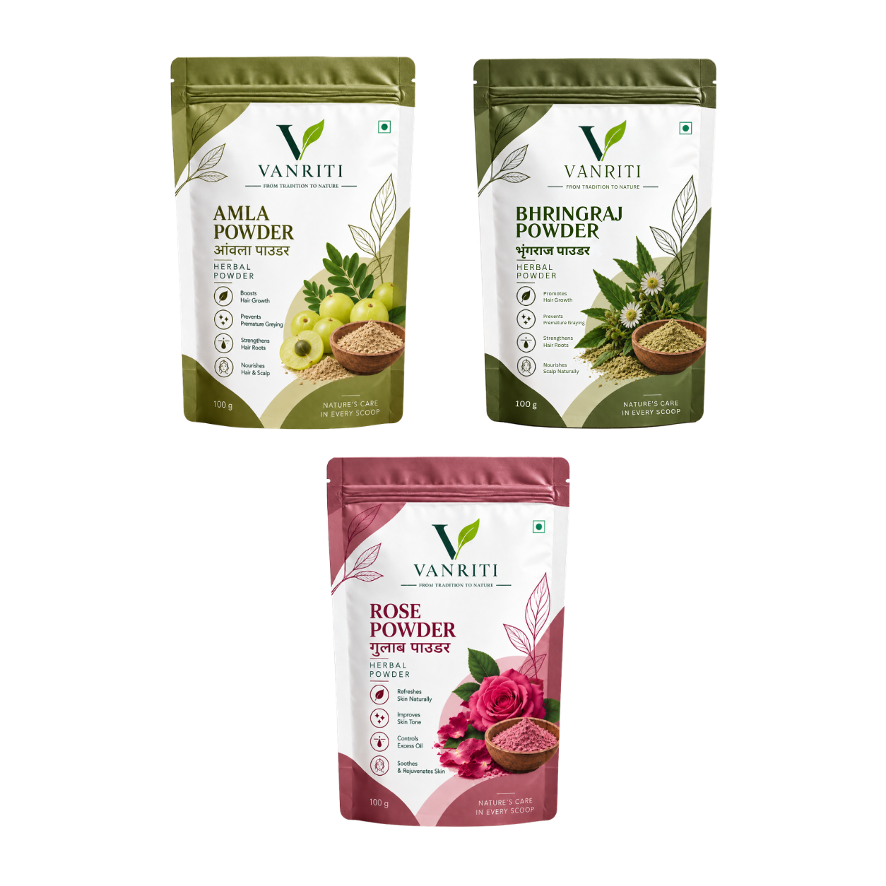 VANRITI Amla, Bhringraj and Rose Powder for Hair & Skin Beauty Ritual, 300g (Combo Pack of 3)