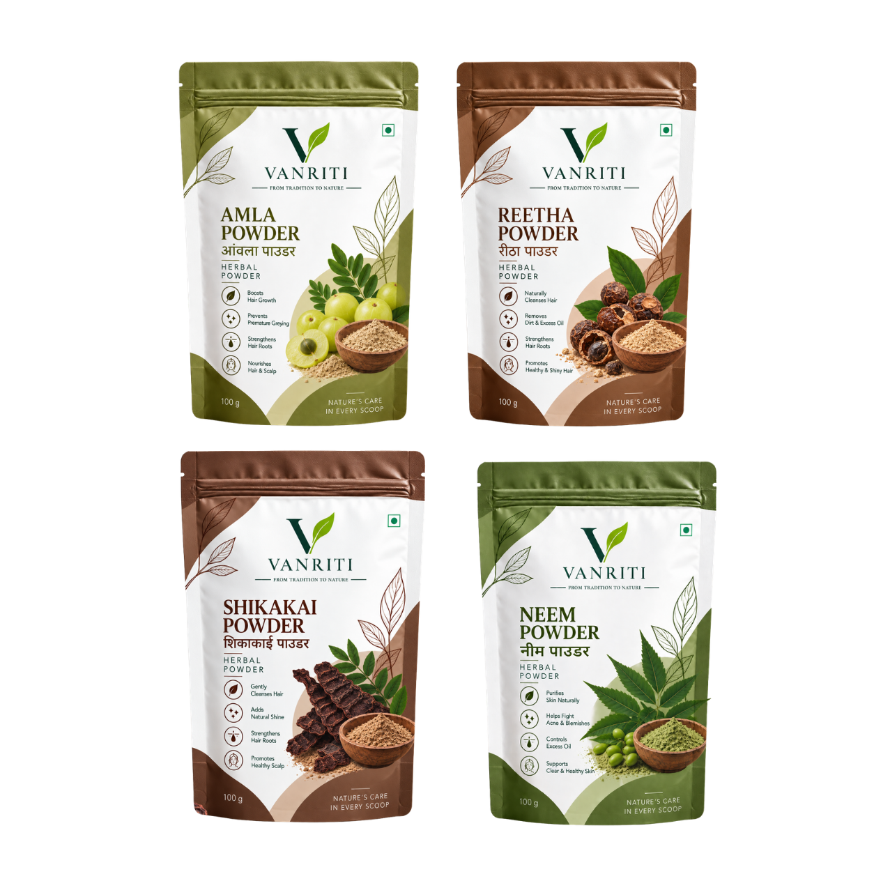 VANRITI Amla, Reetha, Shikakai and Neem Powder for Hair Cleansing & Hair Mask, 400g (Combo Pack of 4)
