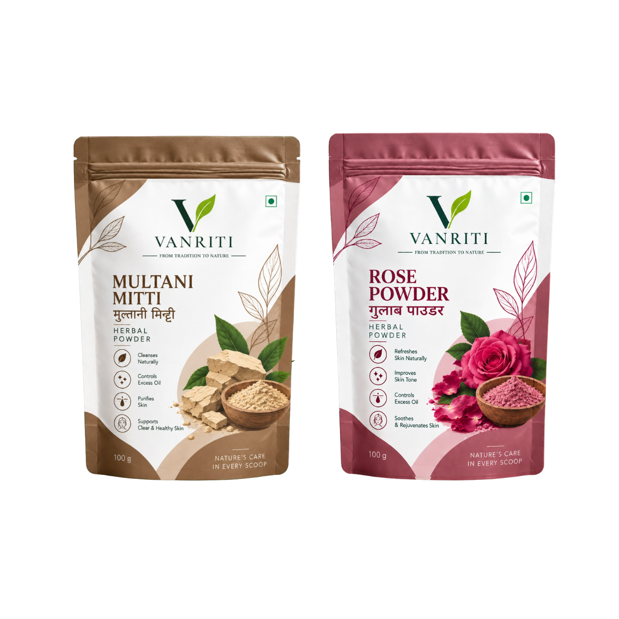 VANRITI Multani Mitti and Rose Powder for Face Pack & Skin Care, 200g (Combo Pack of 2)
