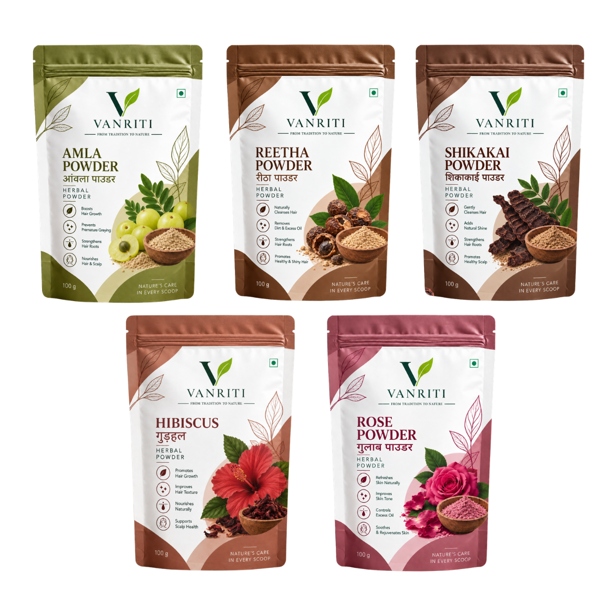 VANRITI Amla Reetha Shikakai Hibiscus & Rose Powder for Hair Cleansing and Hair Mask, Herbal Hair Care Combo, 500g (Pack of 5)