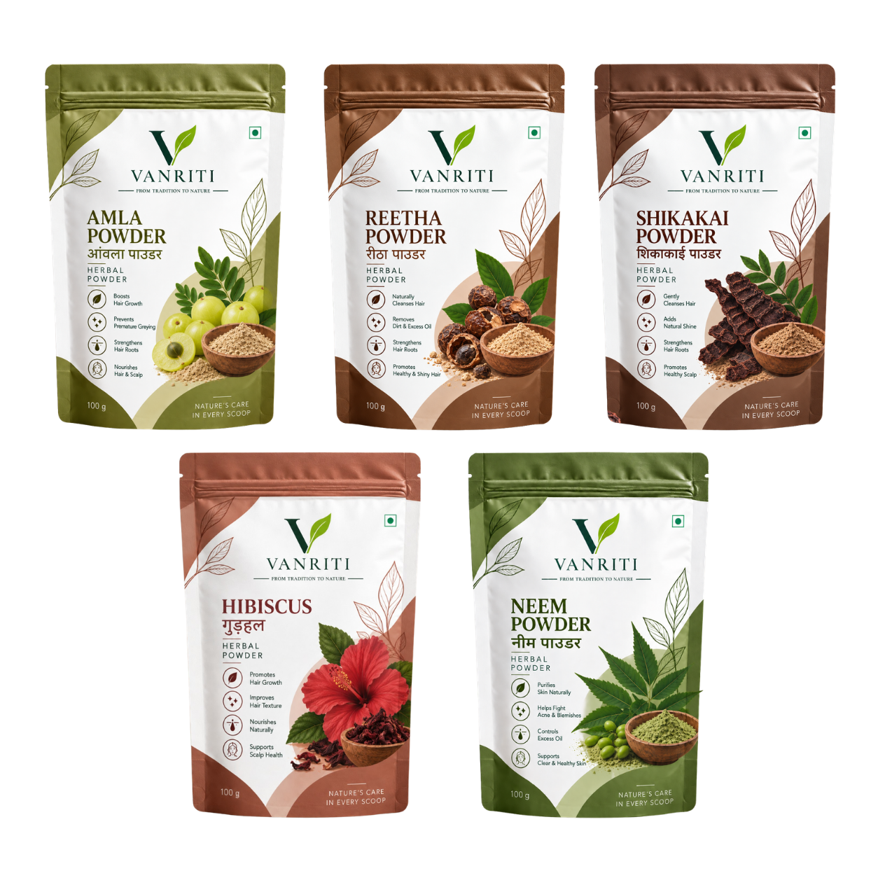 VANRITI Amla, Reetha, Shikakai, Hibiscus and Neem Powder for Hair Cleansing & Hair Mask, 500g (Combo Pack of 5)
